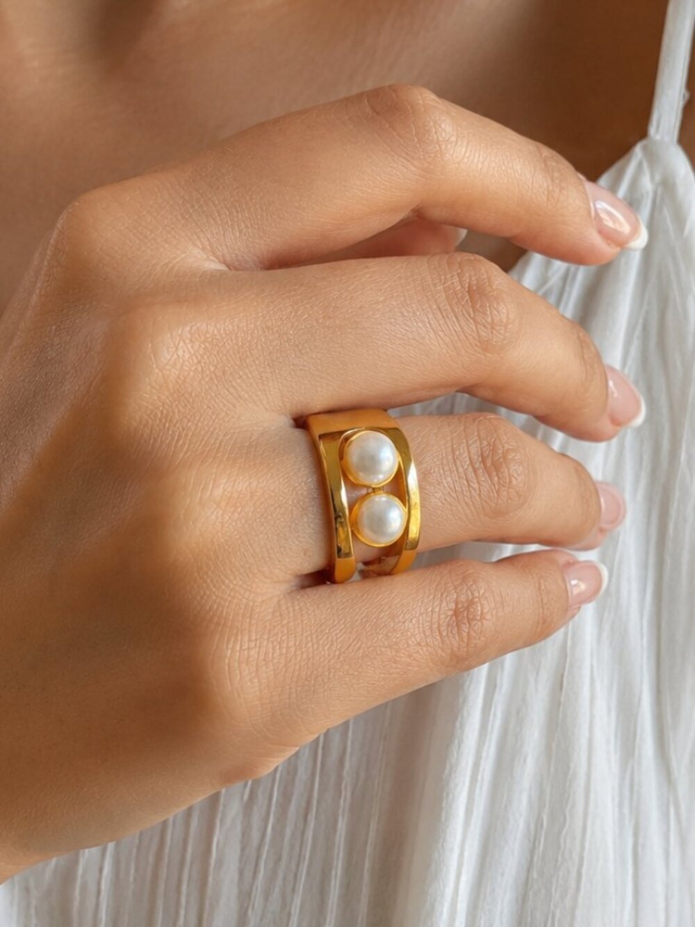 Gold Pearl Open Cuff Ring Adjustable Dual Pearl 18K Gold Plated Old Money 7-9